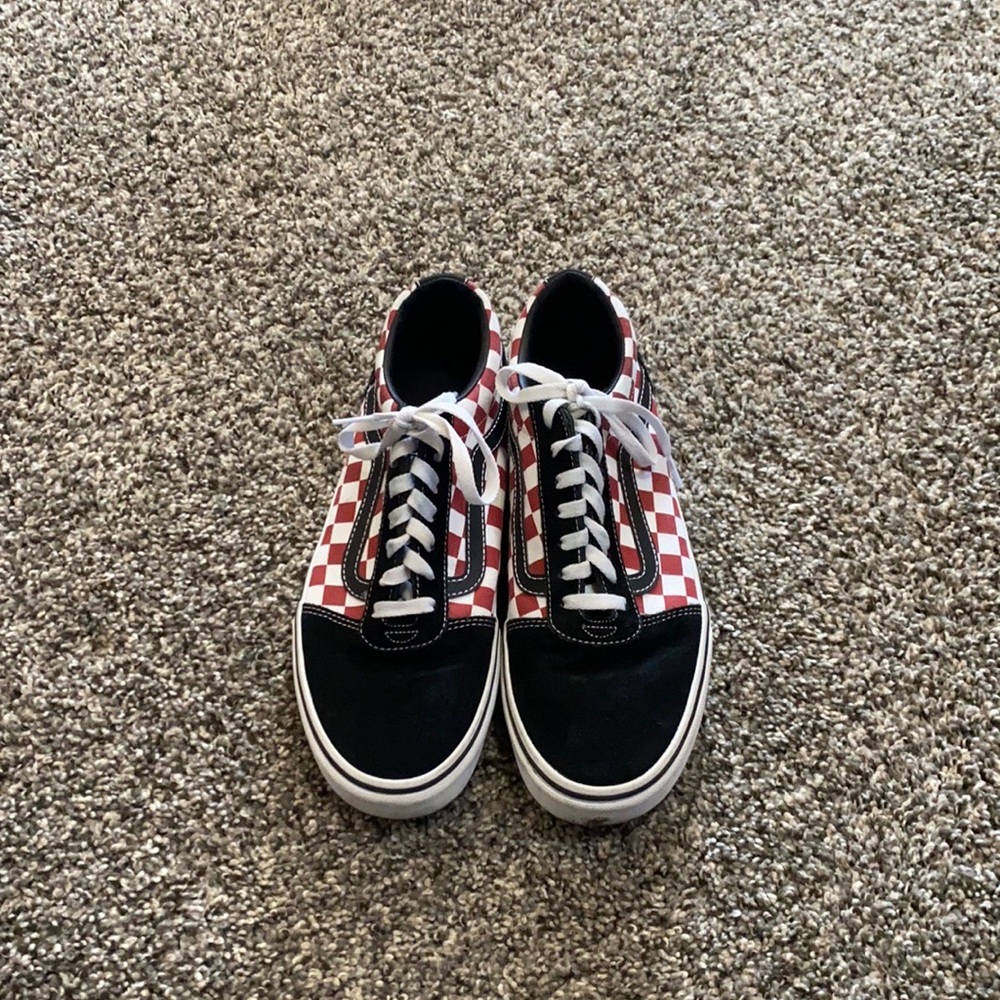 Red white and black checkered Primary check old stool vans